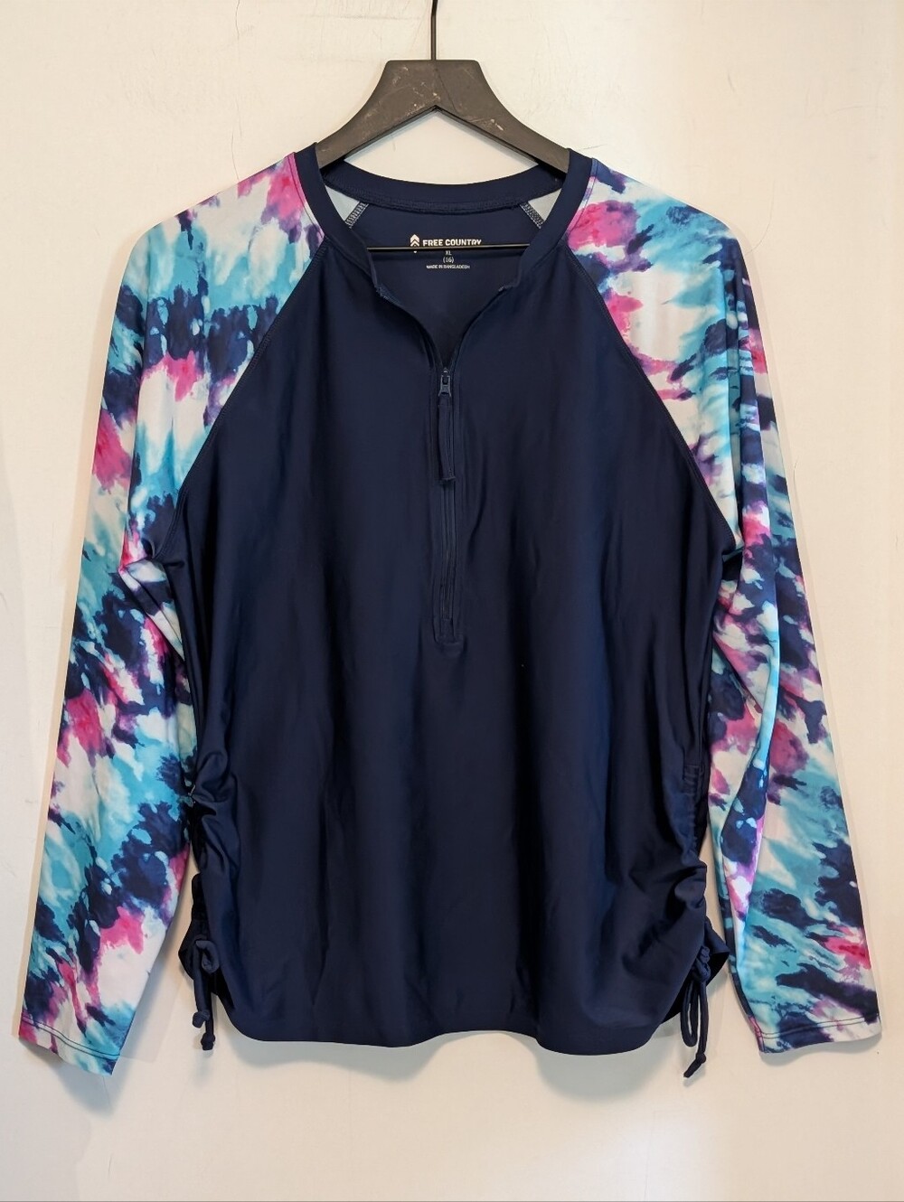 Free Country XL Navy Floral Long Sleeve Rash Guard Swim Shirt Half Zip UPF